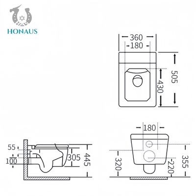 Luxury Bathroom Wall Hung Toilet Bowl Dual Flush 505*305*360mm Nano Glaze