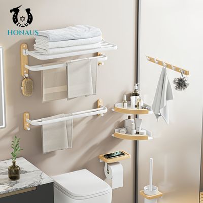 Modern Bathroom Shower Accessories Wall Mounted Six Pieces Aluminum Wood Drill Free