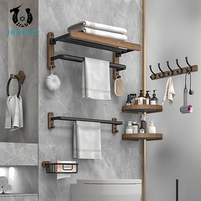 Modern Bathroom Shower Accessories Wall Mounted Six Pieces Aluminum Wood Drill Free